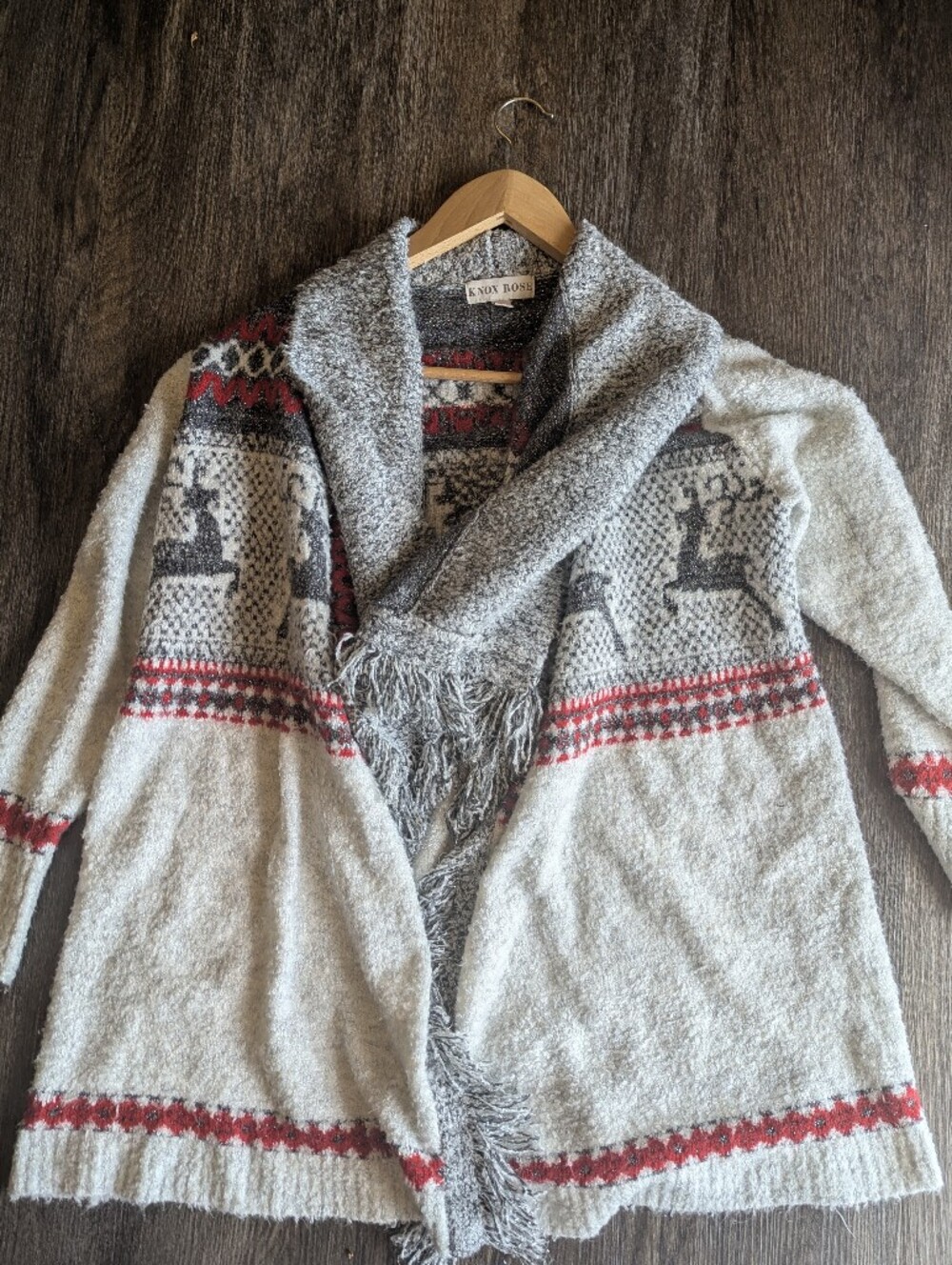 Gray Shawl-Collar Reindeer Knit Sweater XL